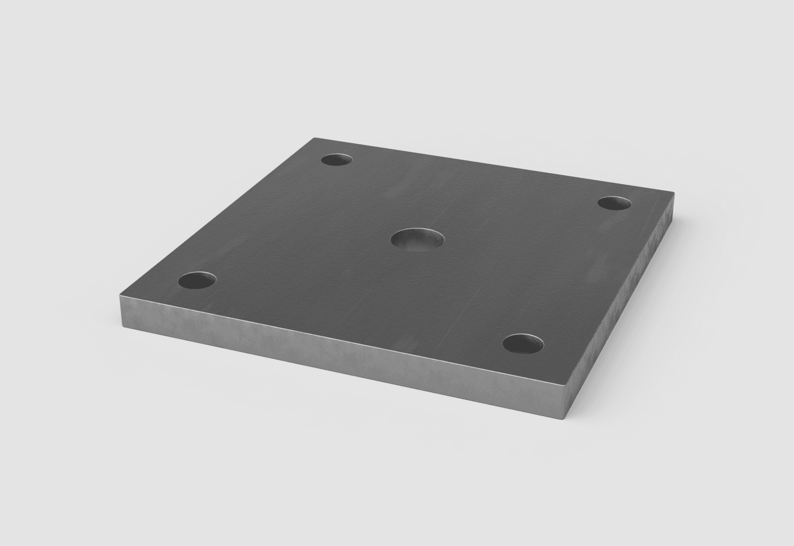 Thick plasma-cut steel base plate with four anchor bolt holes and a grout hole