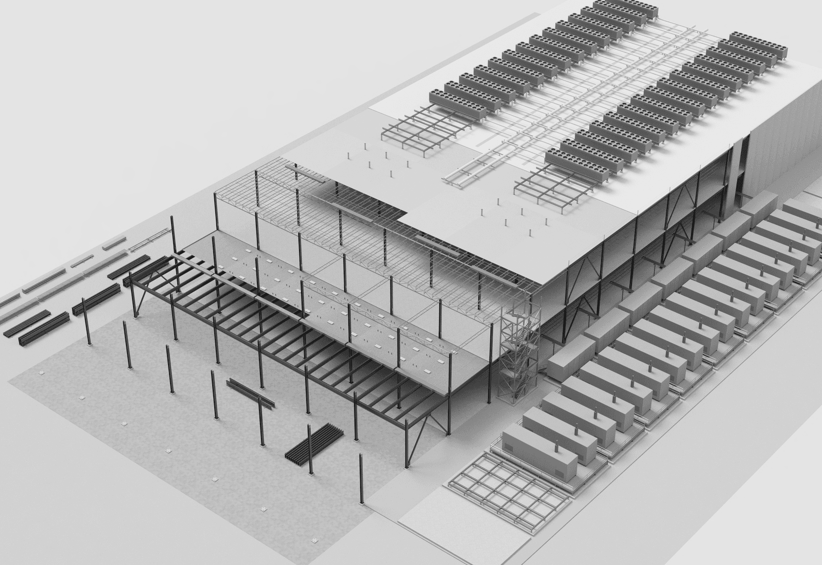 Aerial render of a two-story steel data center under construction: columns and W-Beam floor framing at the open front, roof joists, rooftop chillers on galvanized dunnage and a generator yard
