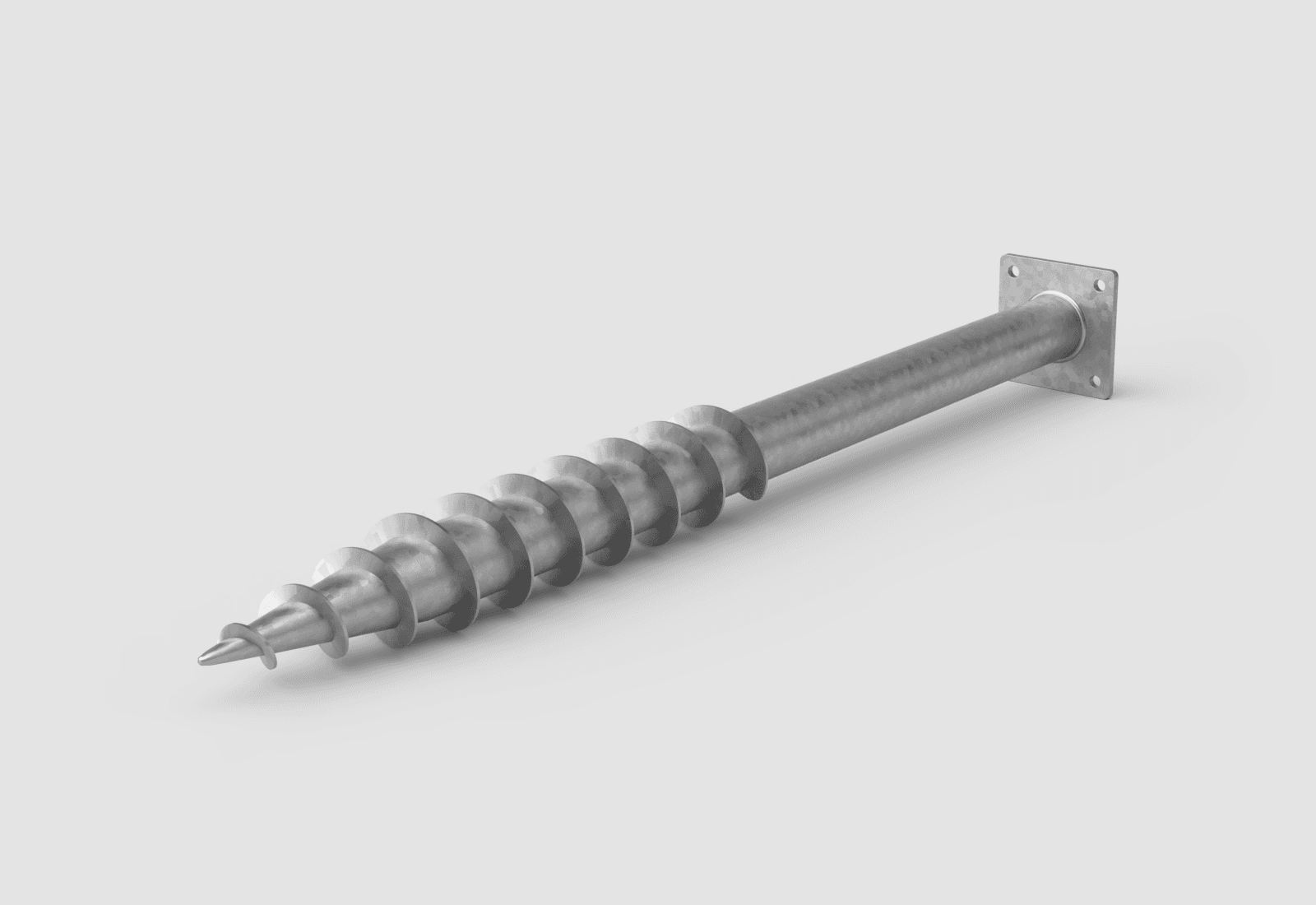 Galvanized ground screw with a helical flight, a pointed tip and a flange plate with bolt holes
