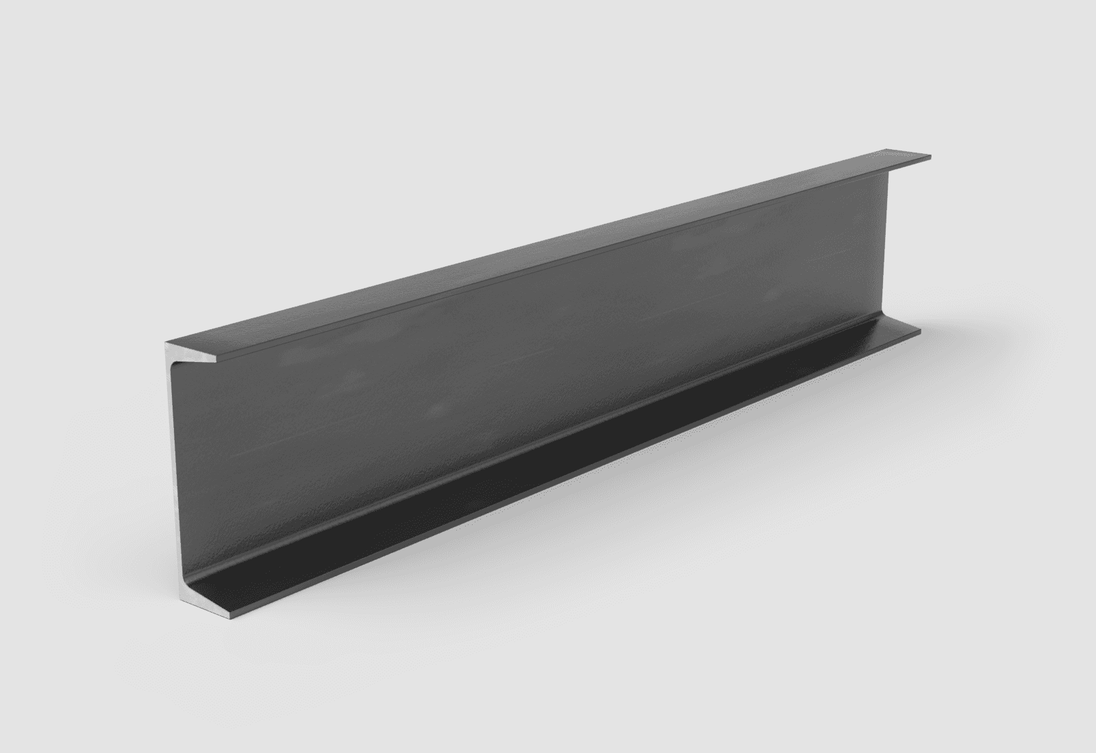 Hot-rolled steel C channel with tapered flanges, open side facing the viewer