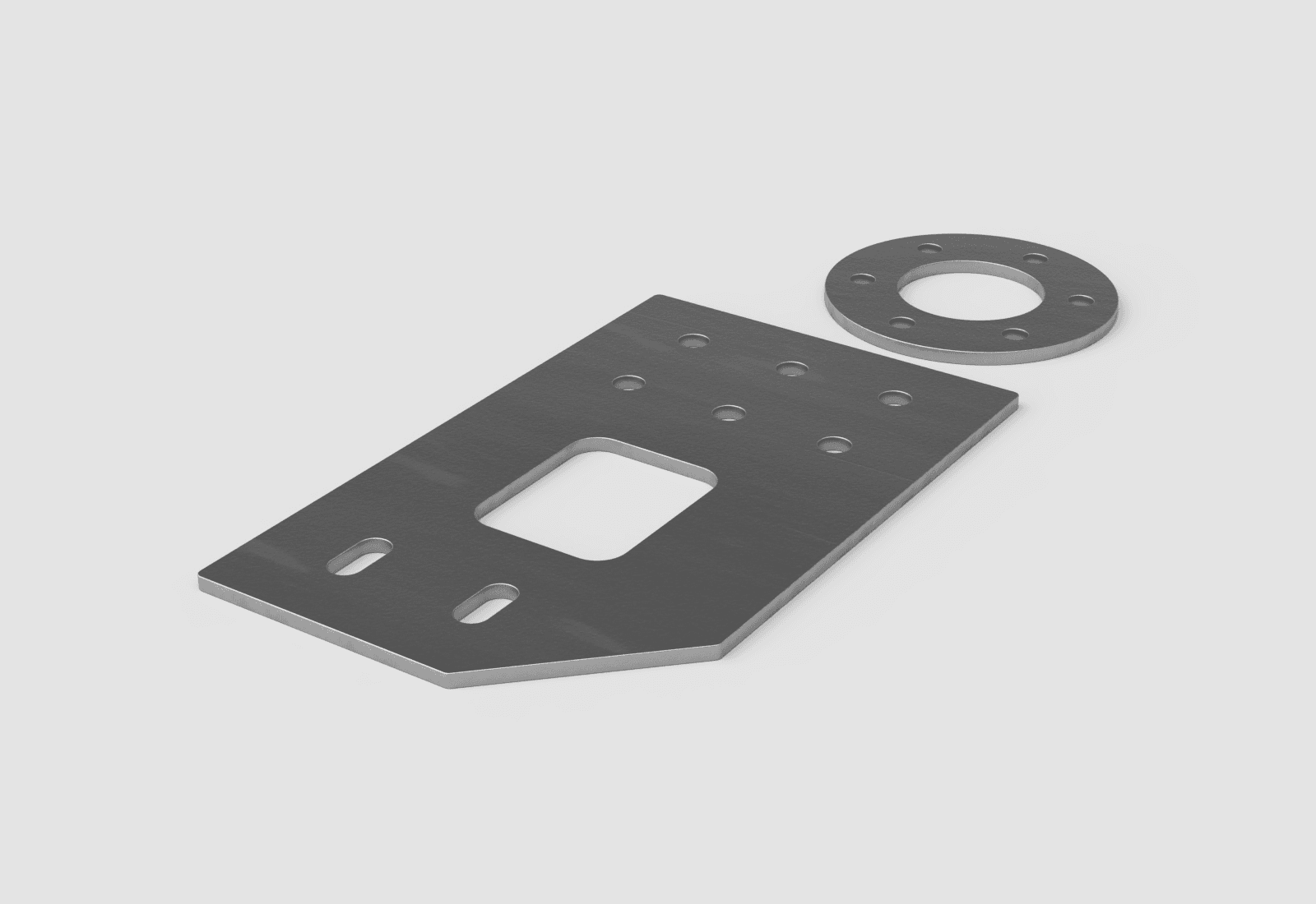 Laser-cut steel connection plate with bolt holes, slots and a cutout, beside a laser-cut flange ring